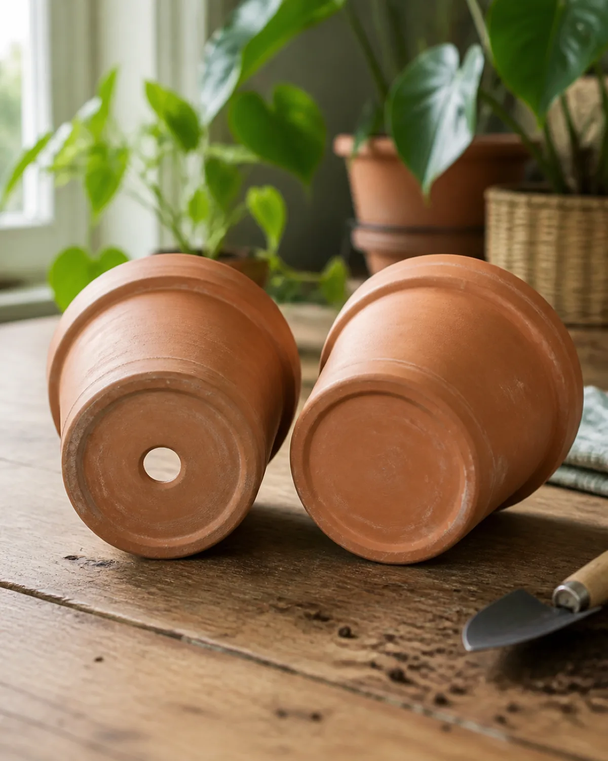 Two empty terracotta pots tipped to show their undersides, one with a clear open drainage hole and the other with a solid base and no hole