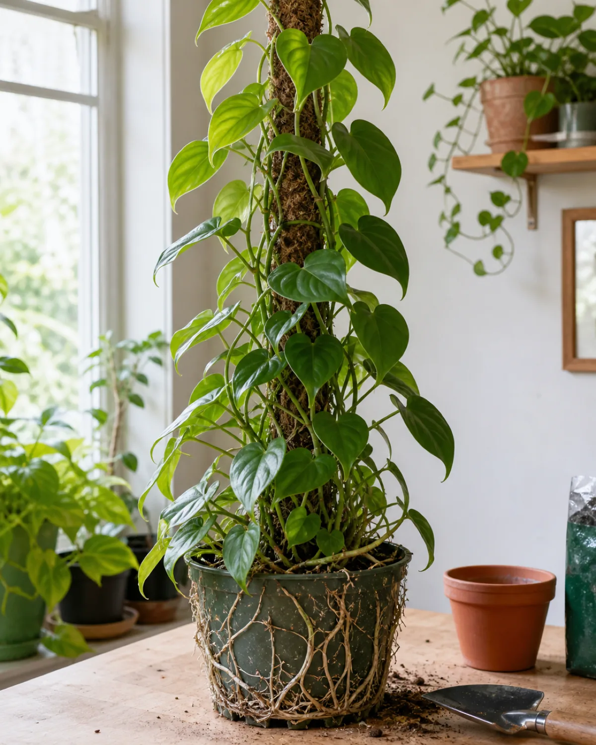 A vigorous vining houseplant climbing a moss pole with full lush new leaves, its roots visibly filling and pushing at the edges of its current pot
