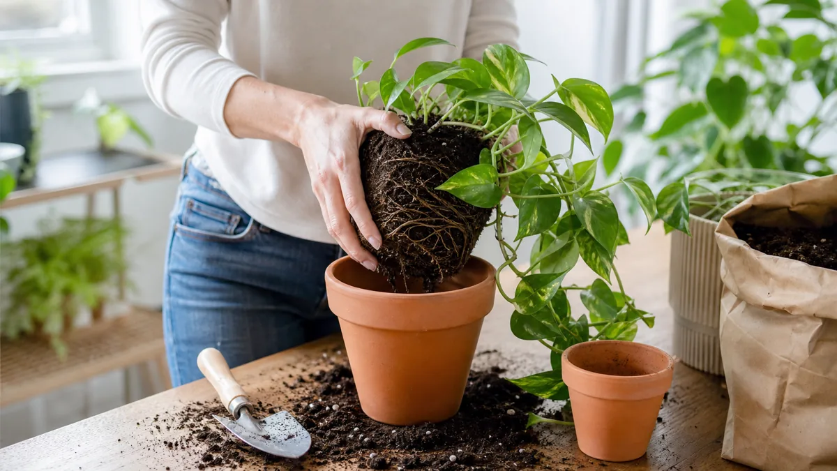 A pair of hands repotting a healthy houseplant into a slightly larger terracotta pot on a table covered with fresh potting mix