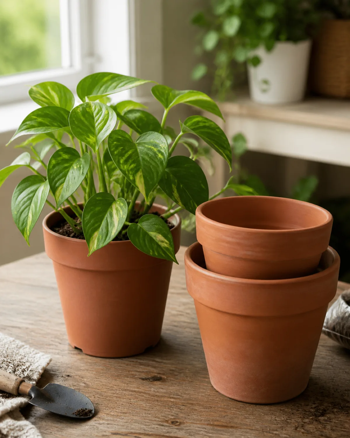 A houseplant in its current pot standing beside a small stack of two empty terracotta pots of slightly different sizes