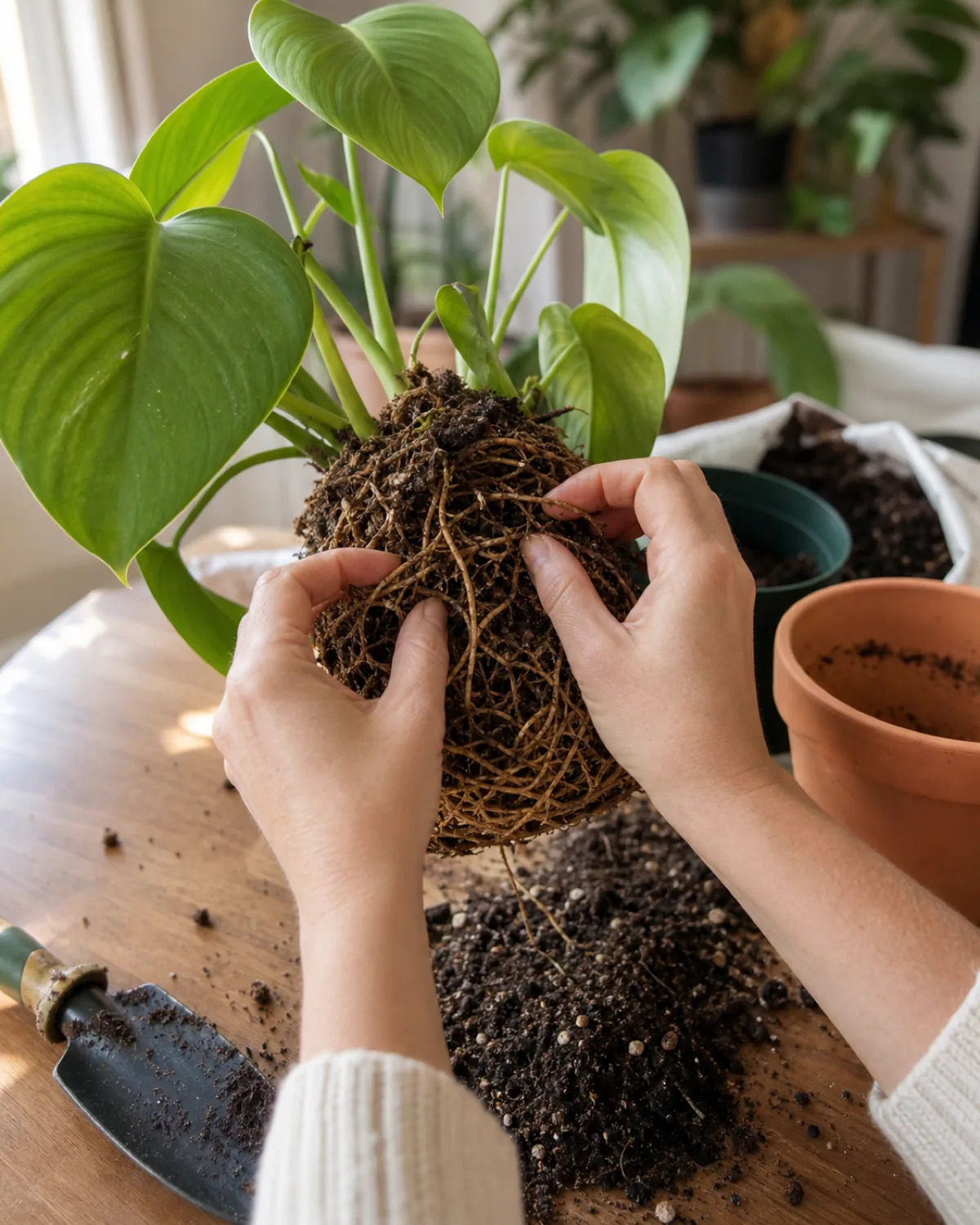 A pair of hands gently teasing apart tightly circling roots at the base of a houseplant's root ball