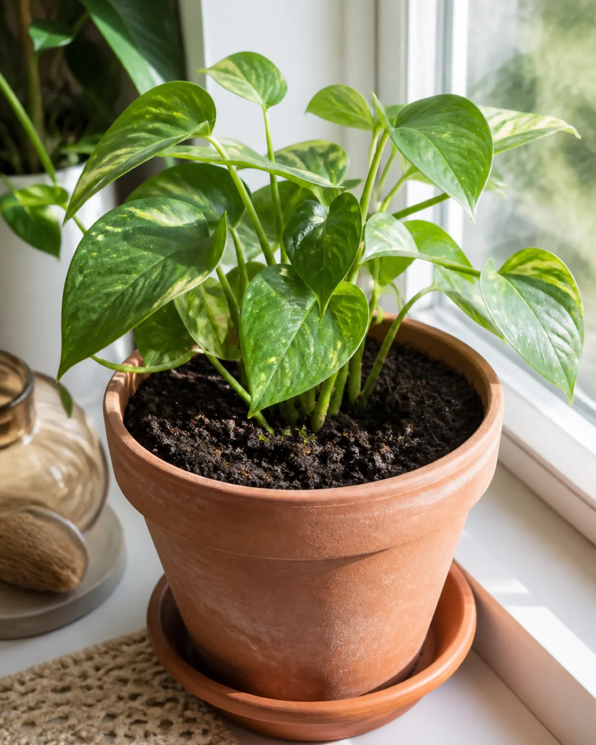 A healthy houseplant in its pot with moist dark undisturbed soil and no roots visible at the surface