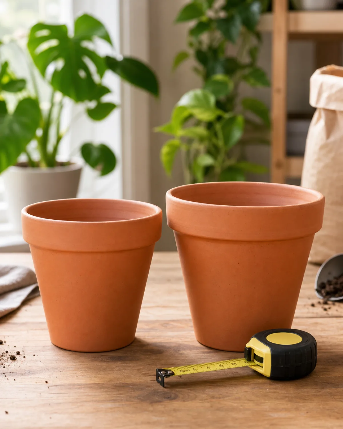 Two empty terracotta pots side by side, one clearly just one size larger than the other, a small tape measure resting near their rims