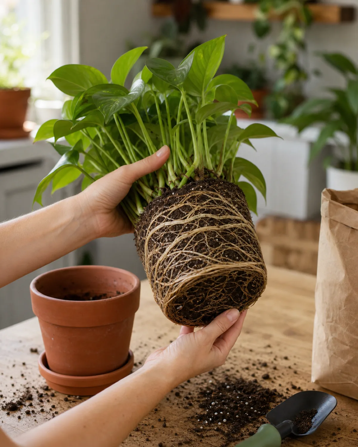 A houseplant lifted out of its pot at an angle, showing roots visibly circling around the outer edge of the root ball