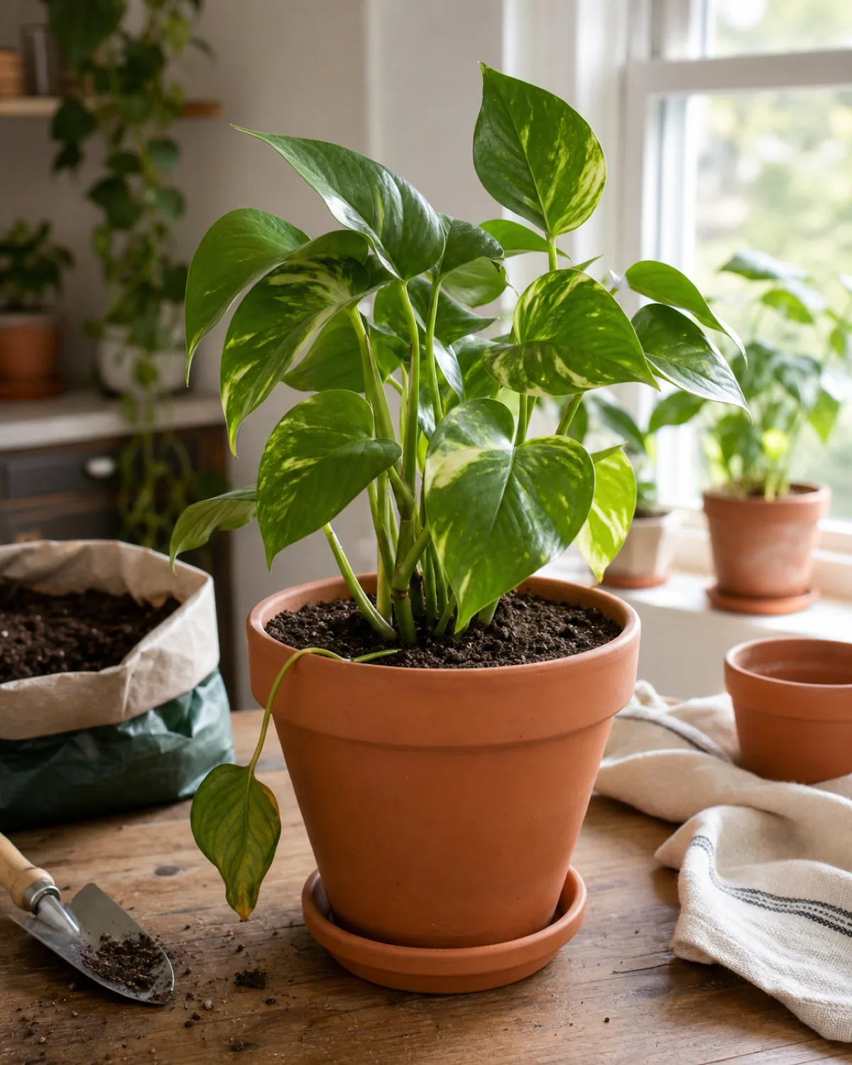 A freshly repotted houseplant in fresh dark soil with one lower leaf slightly drooping while the rest of the plant stands upright and healthy