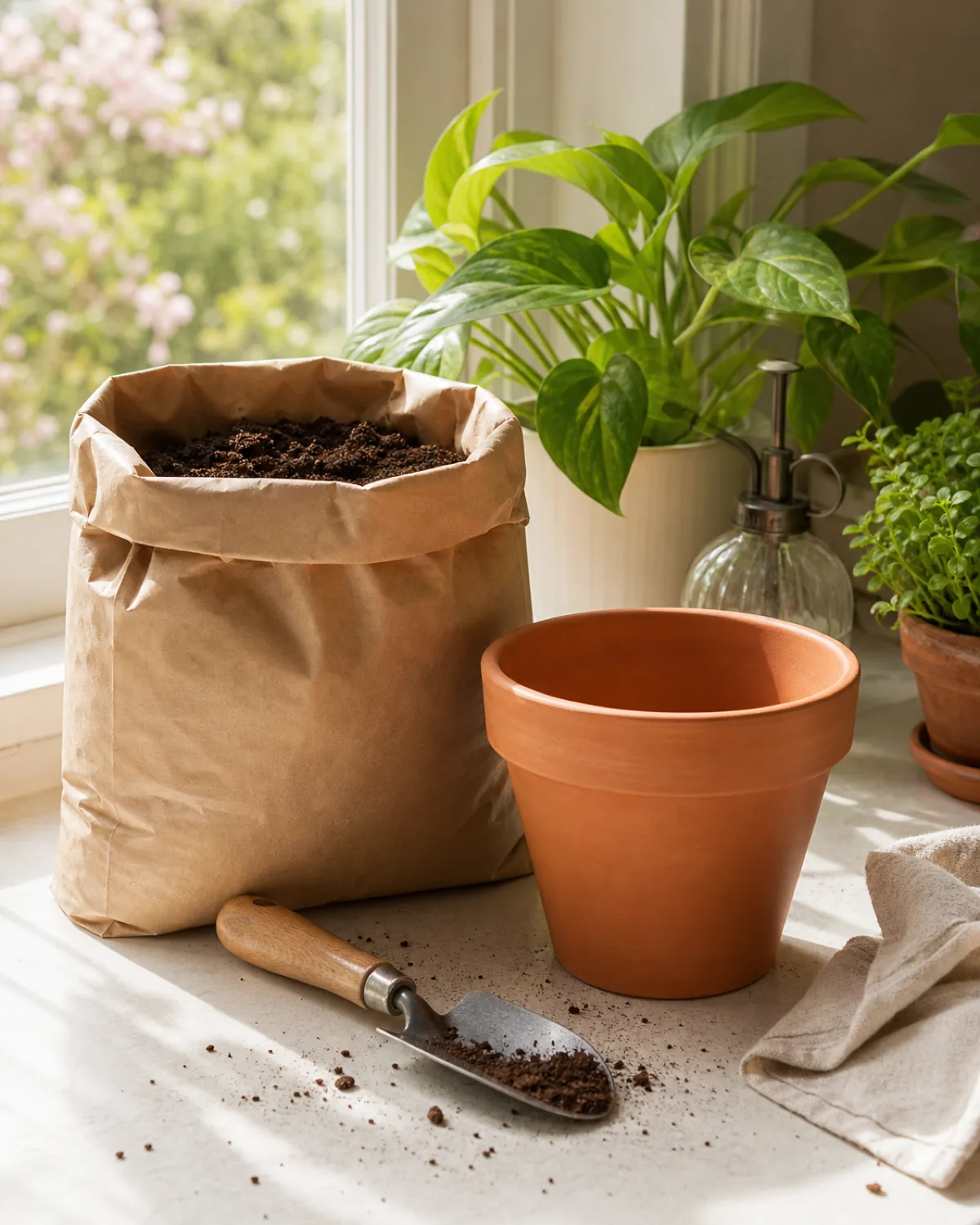 A bright sunlit windowsill scene set up for repotting with a bag of fresh potting soil, a small trowel, and an empty terracotta pot arranged and ready