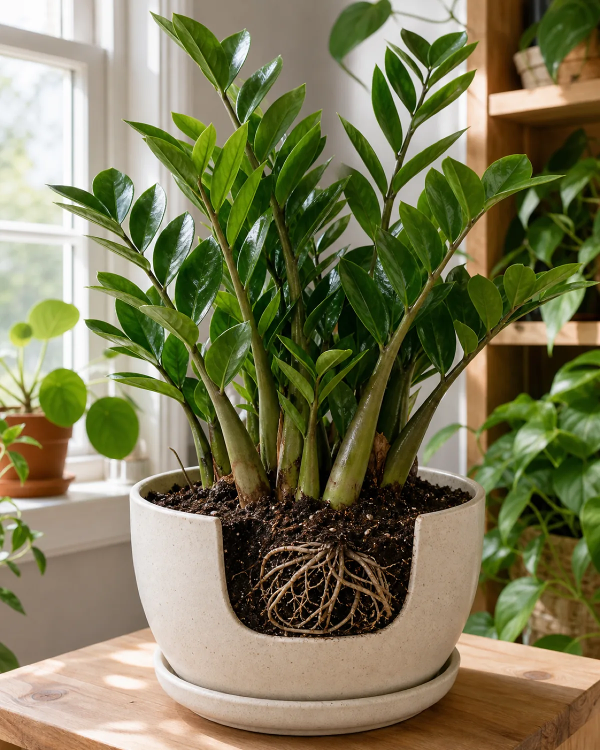 A compact healthy rhizomatous houseplant settled in its current pot with roots just visibly snug at the pot's edge, calm and undisturbed