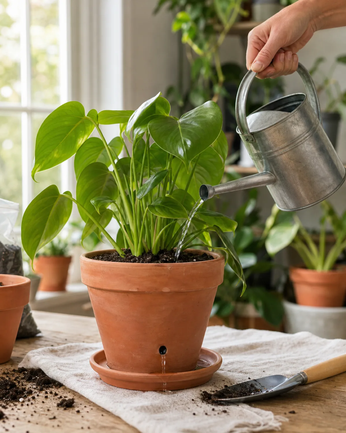 A hand watering a freshly repotted houseplant from a metal watering can, a first trickle of water beginning to appear at the pot's drainage hole