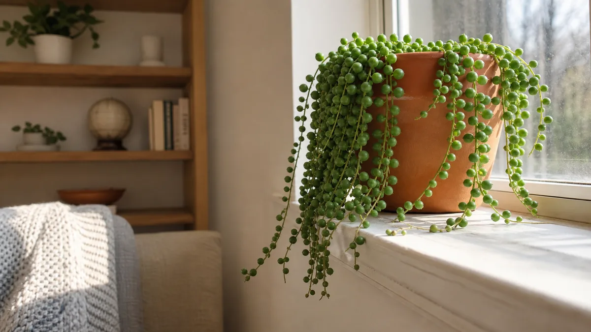 A lush full string of pearls plant with long cascading strands of round green pearls spilling over the edge of a terracotta pot on a bright windowsill
