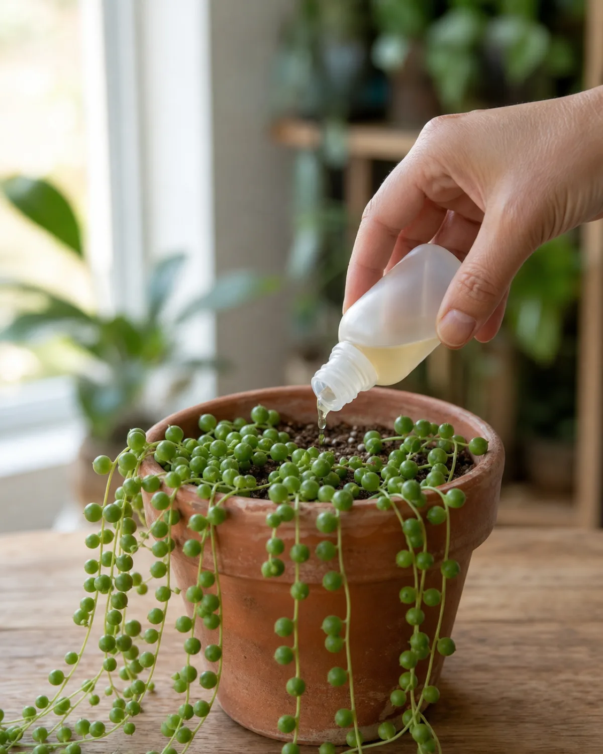 A hand adding diluted liquid fertilizer from a small bottle to a string of pearls pot during spring