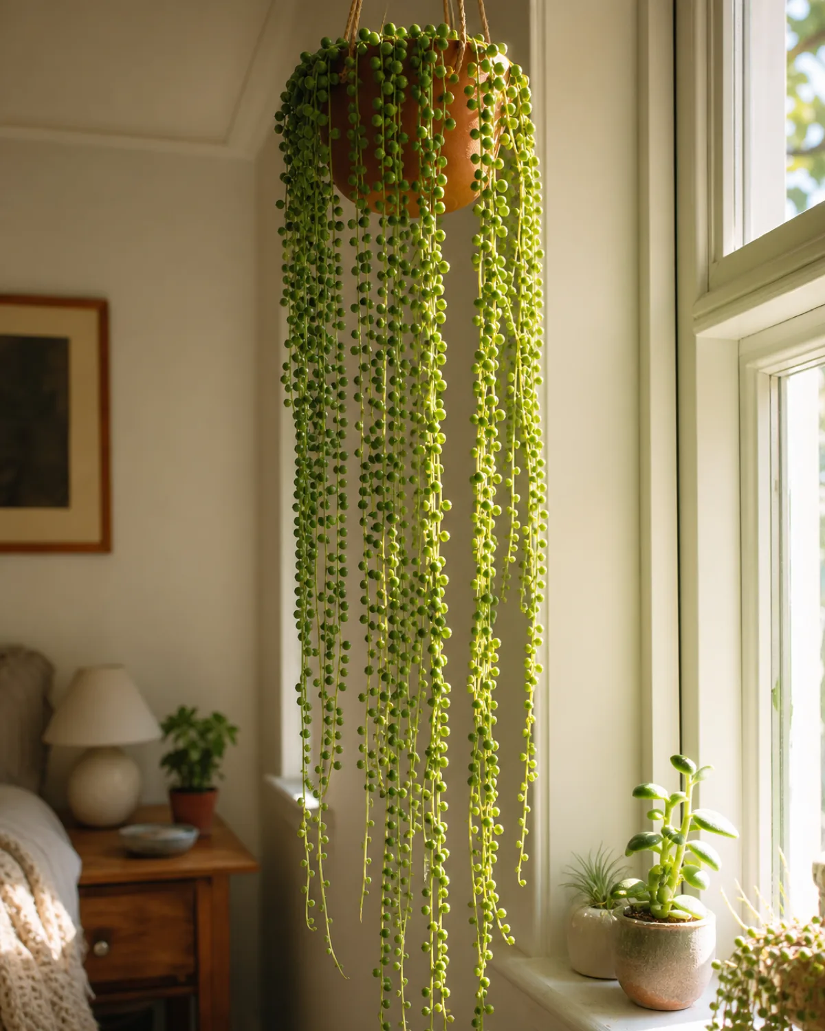 A string of pearls in a hanging pot near a bright east-facing window with morning sun rays touching the trailing strands