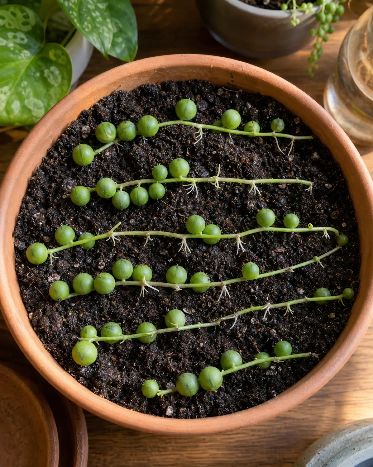 Several 3-4 inch stem cuttings laid on moist soil surface in a shallow terracotta pot with some showing tiny white roots emerging from nodes