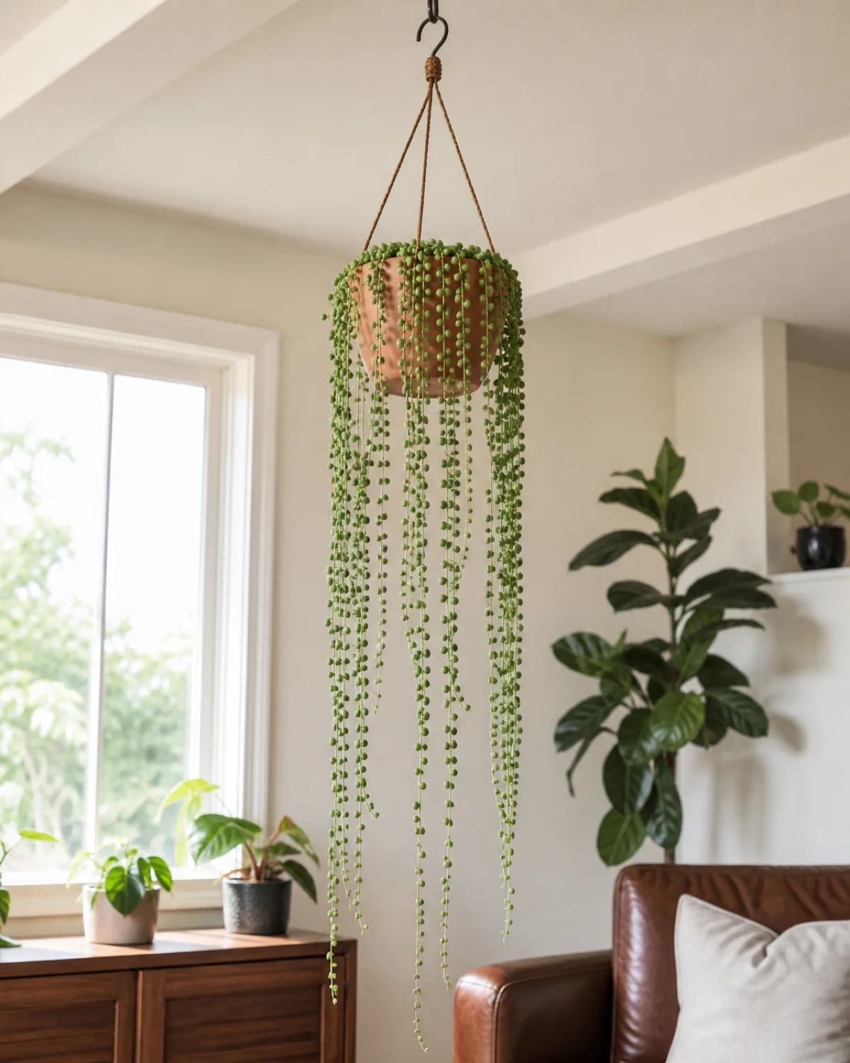 A string of pearls hanging in a bright dry living room with good air circulation and warm natural light