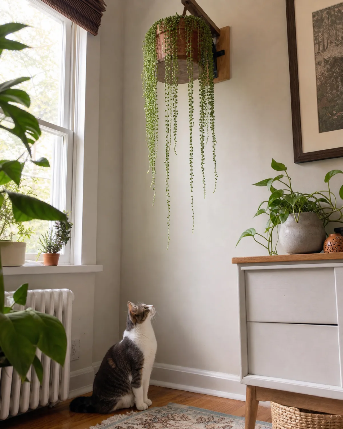 A string of pearls hanging high on a wall-mounted shelf well out of reach of a curious cat sitting on the floor below