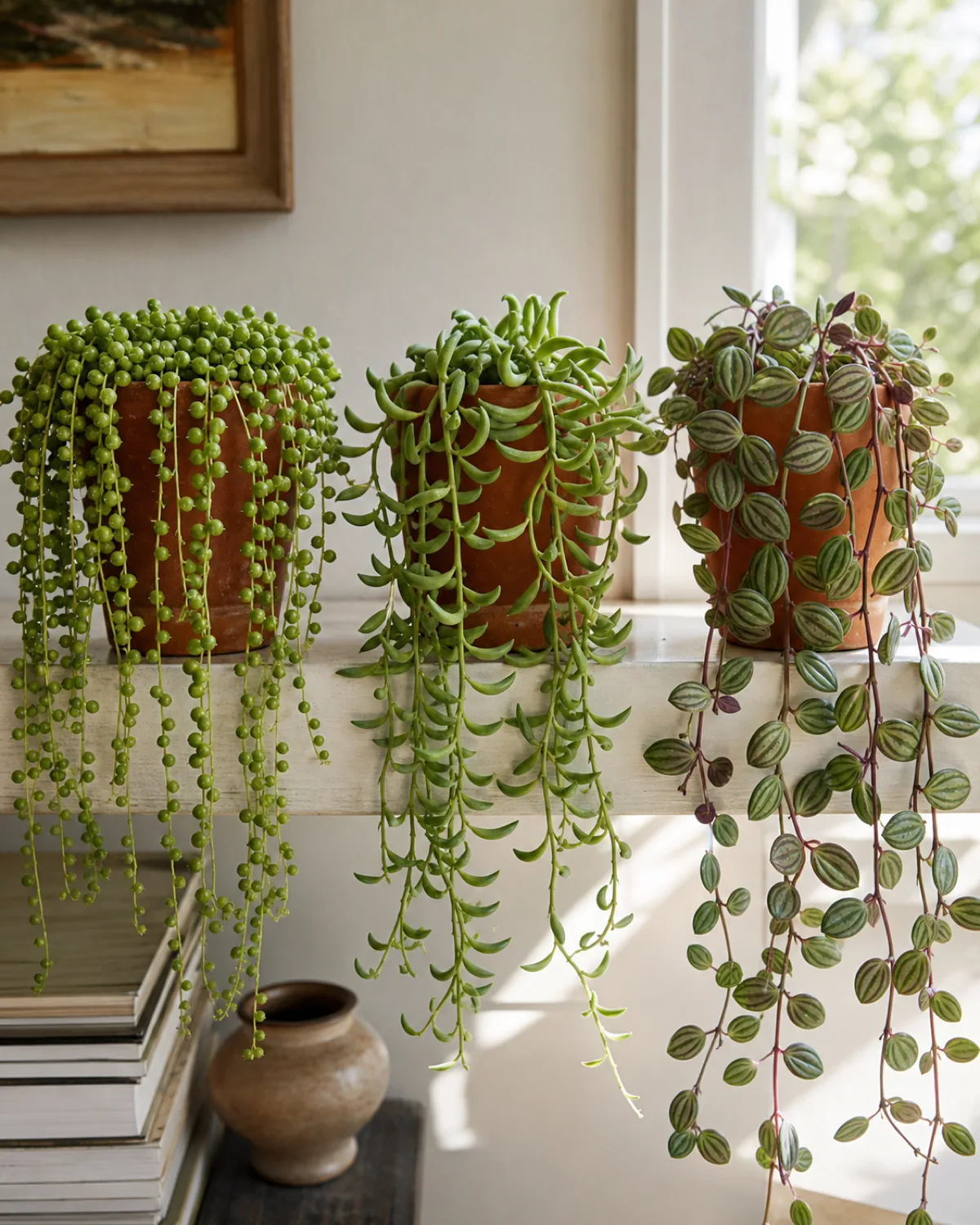 Three different string varieties side by side in small pots: classic round pearls rowleyanus, banana-shaped radicans, and watermelon-striped oval herreanus