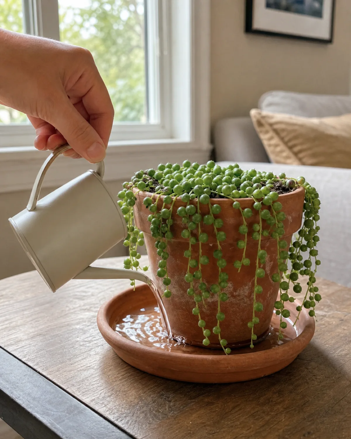 A hand using a small watering can to bottom-water a string of pearls pot sitting in a shallow saucer with pearls cascading over the rim