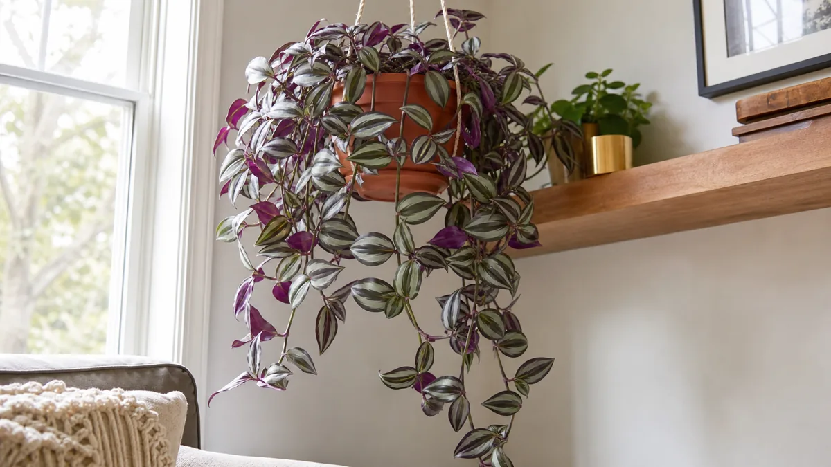 A lush Tradescantia zebrina cascading from a terracotta hanging planter near a bright window, showing dense silver and purple striped trailing foliage