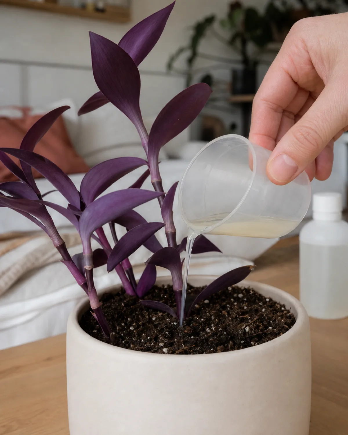 A hand adding diluted liquid fertilizer to a potted Tradescantia pallida, the deep purple leaves demonstrating well-fed but not over-fed coloring
