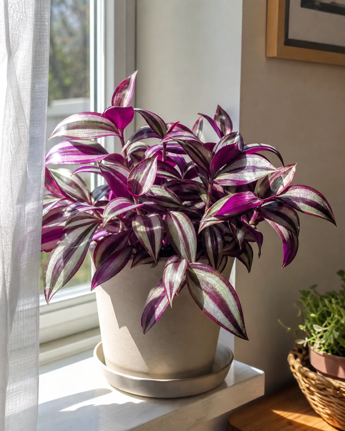 A Tradescantia zebrina on a bright windowsill with vivid silver stripes and purple undersides catching soft morning light
