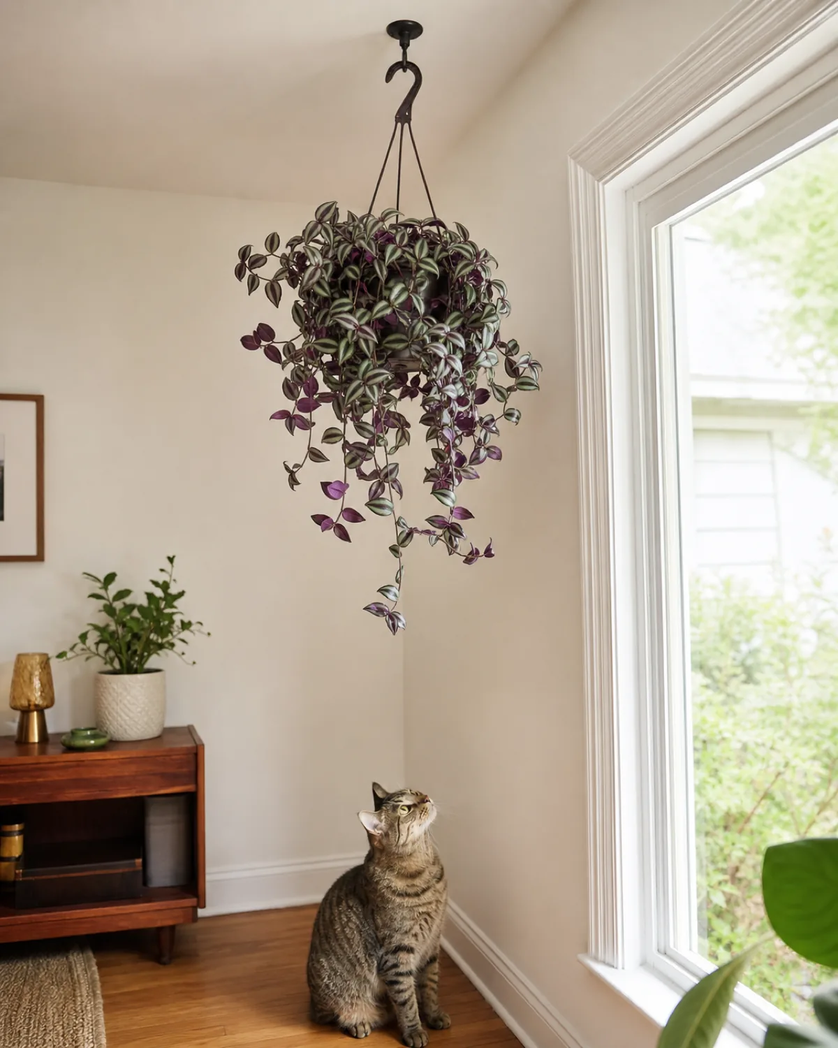 A Tradescantia zebrina hanging high from a ceiling hook near a window, a cat on the floor below looking up but unable to reach the trailing stems