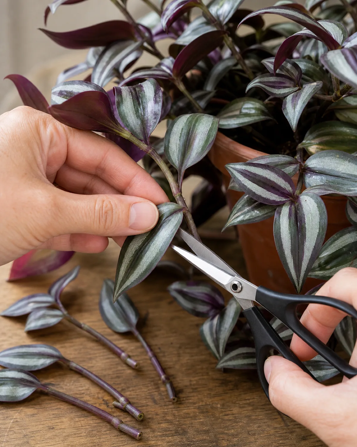Close-up of hands using scissors to cut a tradescantia stem above a swollen node, with cut pieces ready for propagation beside the pot