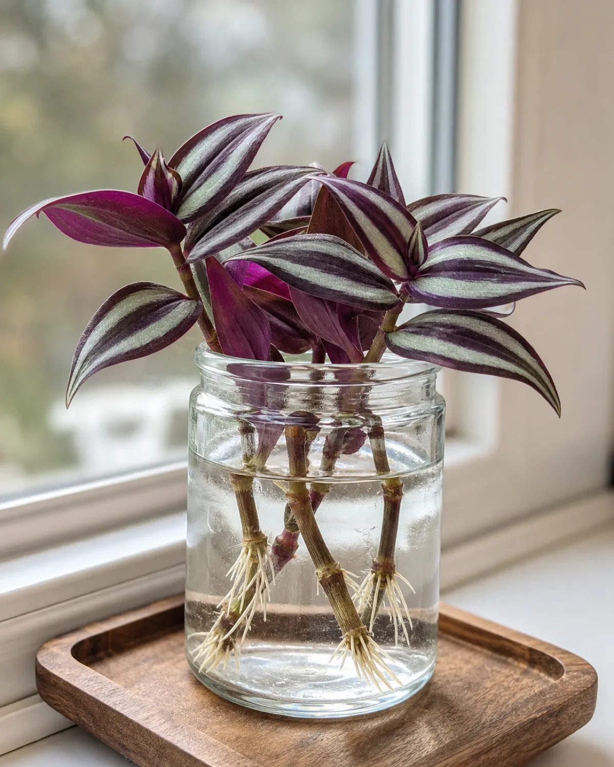 Tradescantia stem cuttings rooting in a clear glass jar of water on a bright windowsill, white roots visible through the glass growing from submerged nodes