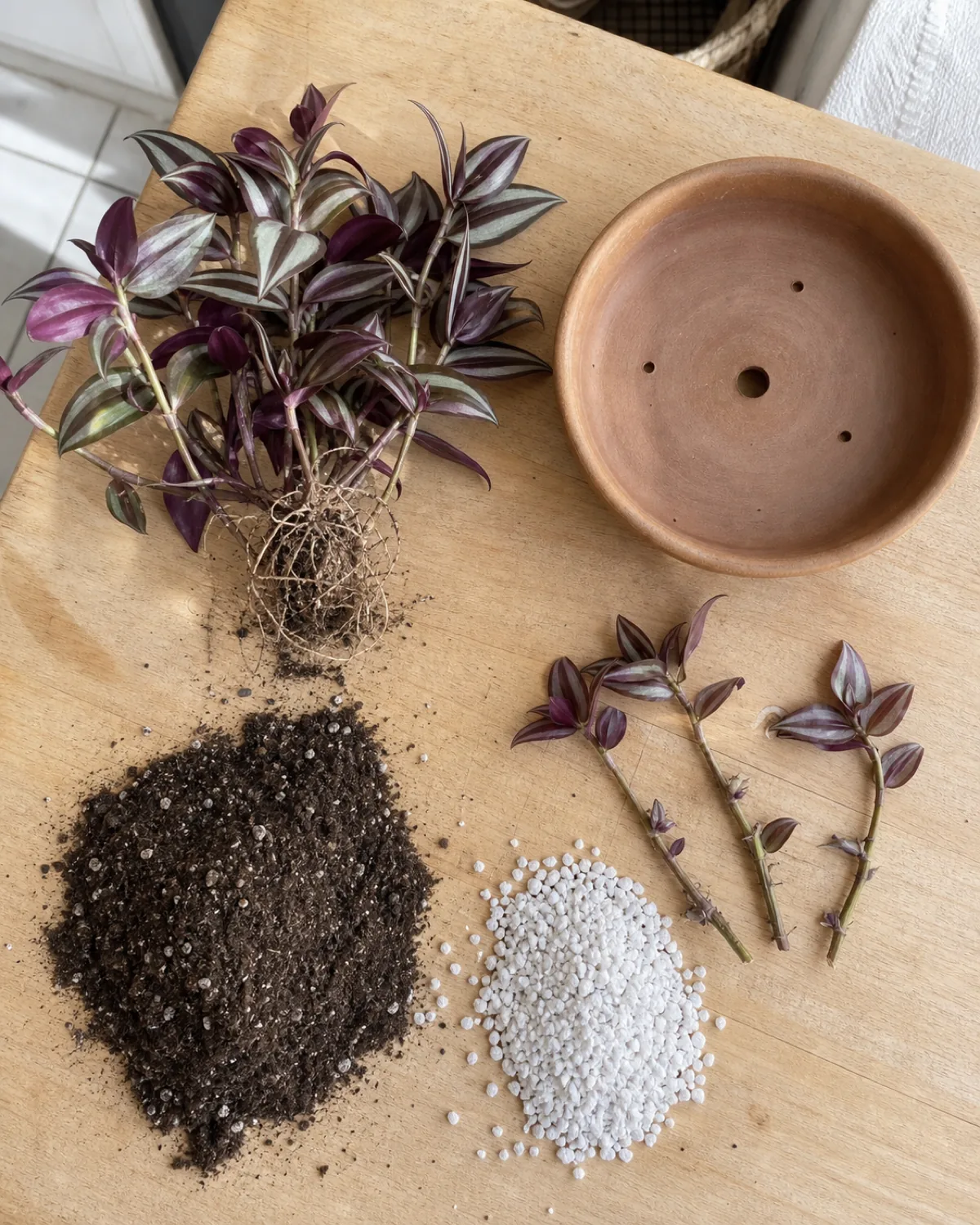 Top-down view of tradescantia repotting supplies: an unpotted zebrina with shallow roots, a wide pot, potting soil, perlite, and stem cuttings