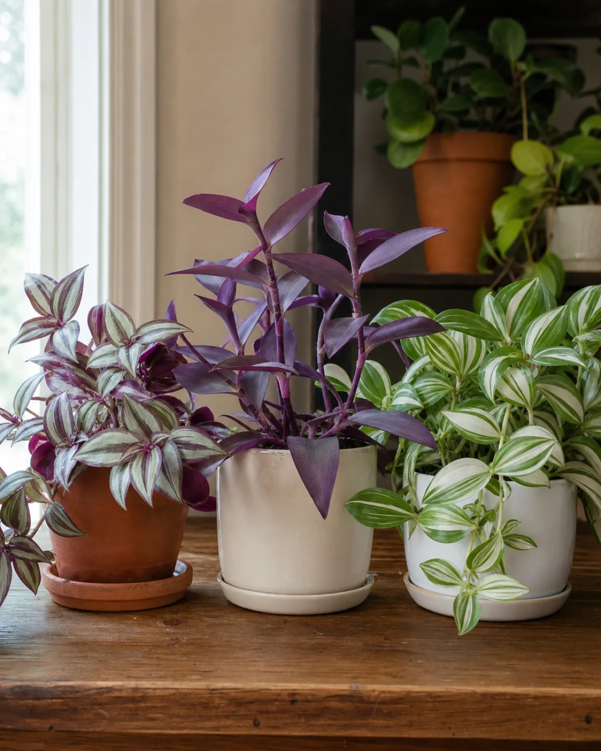 Three tradescantia varieties side by side: zebrina with silver-purple stripes, pallida Purple Heart with deep magenta leaves, and fluminensis variegata with green-white stripes