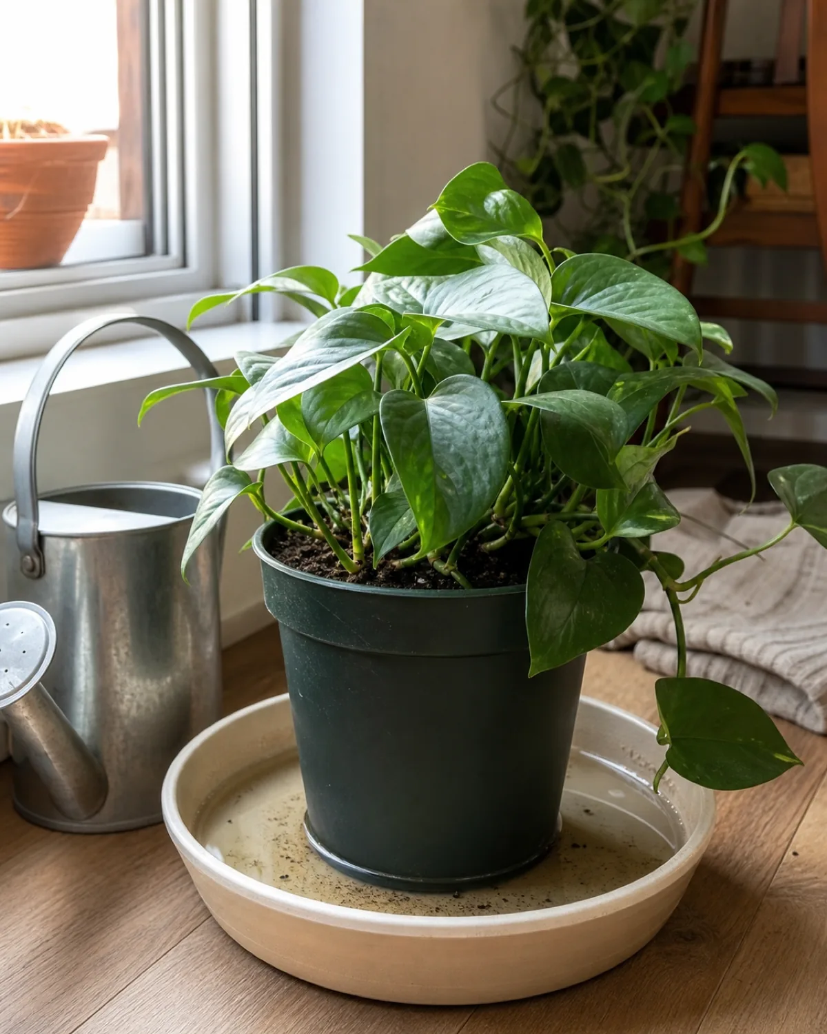 A plastic nursery pot holding a houseplant set inside a low tray filled with a shallow layer of water for bottom watering, visible water level in the tray, with a metal watering can resting nearby unused, soft natural daylight from a windowsill