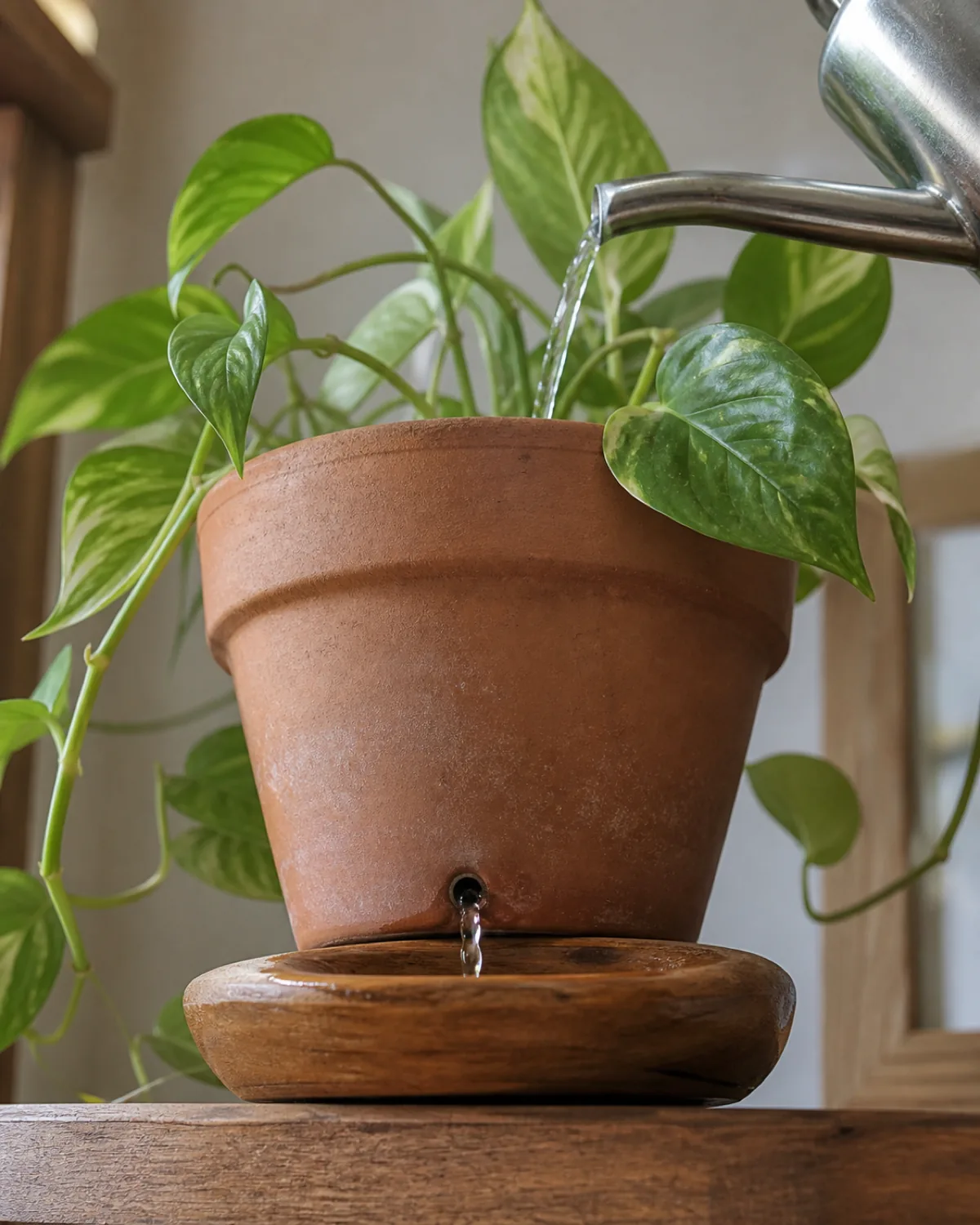 A hand pouring water from a small watering can into a terracotta pot holding a houseplant, with a partial low-angle view showing water visibly escaping through a drainage hole at the pot's base into a wood saucer beneath, soft natural daylight