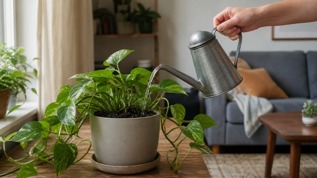 A hand pouring water from a metal watering can into the soil of a real houseplant in a bright real-home living room, water visibly streaming into dark soil, soft natural daylight from a nearby window