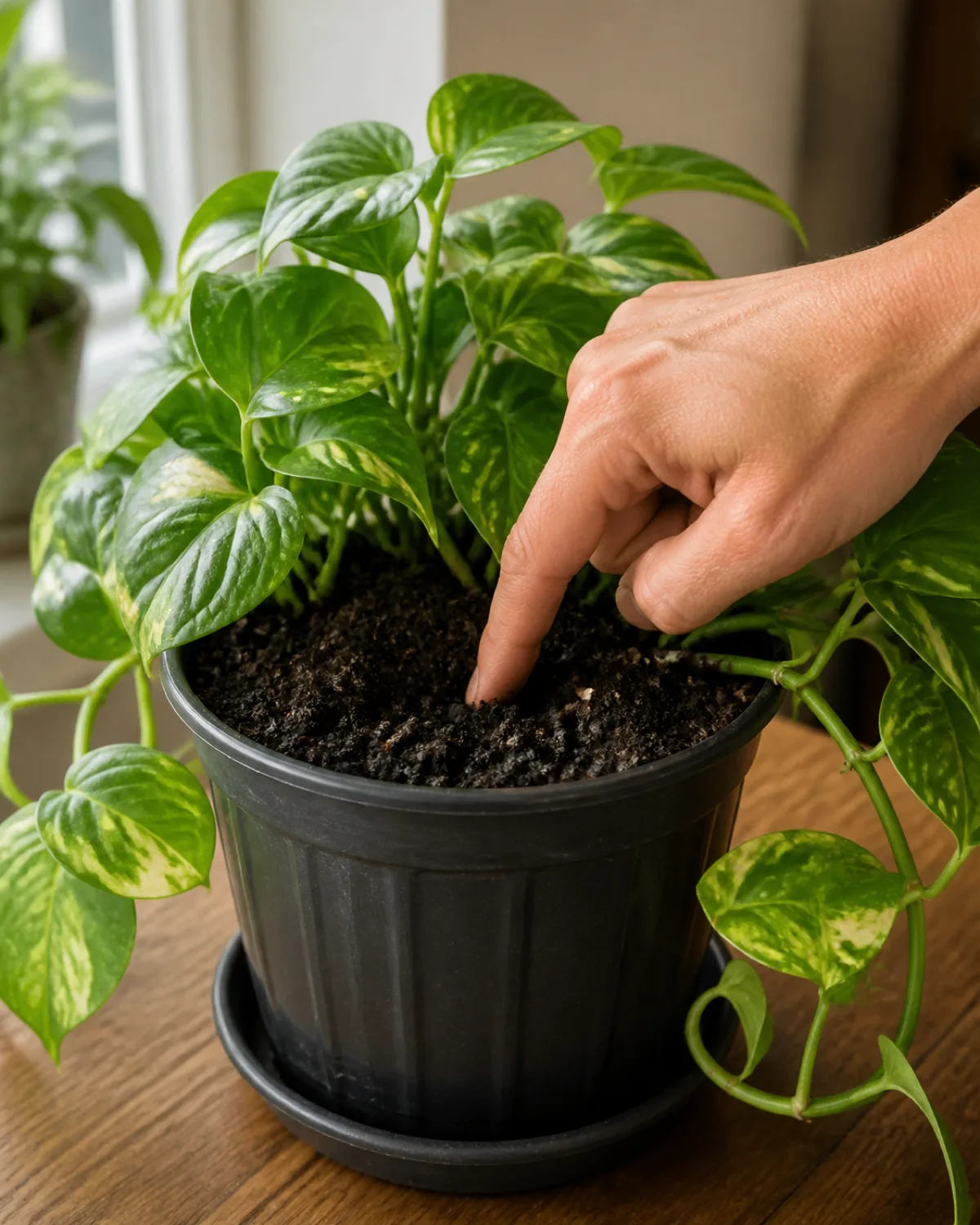 A close medium shot of a single hand with one finger pressed about two inches into dark, visibly moist potting soil in a plastic nursery pot holding a healthy houseplant, soft natural daylight from a nearby window