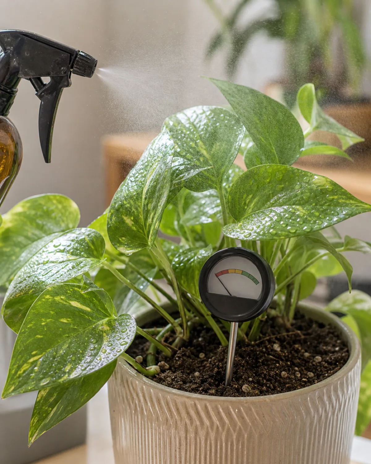 A spray bottle misting fine water droplets onto the leaves of a houseplant, with a simple analog soil moisture meter probe inserted into the dry soil below showing its dial pointed toward the dry range, soft natural daylight