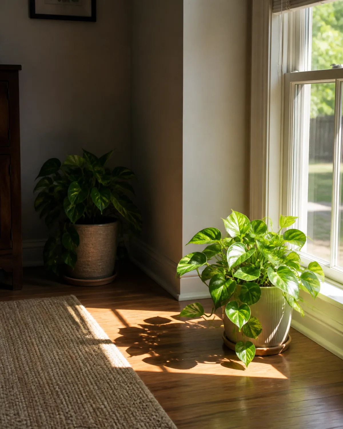 Vertical portrait split naturally by room light: one healthy houseplant sitting directly in strong sunbeam light by a south-facing window on one side of the frame, another similar houseplant in a dim, shaded corner a few feet from a window on the other side