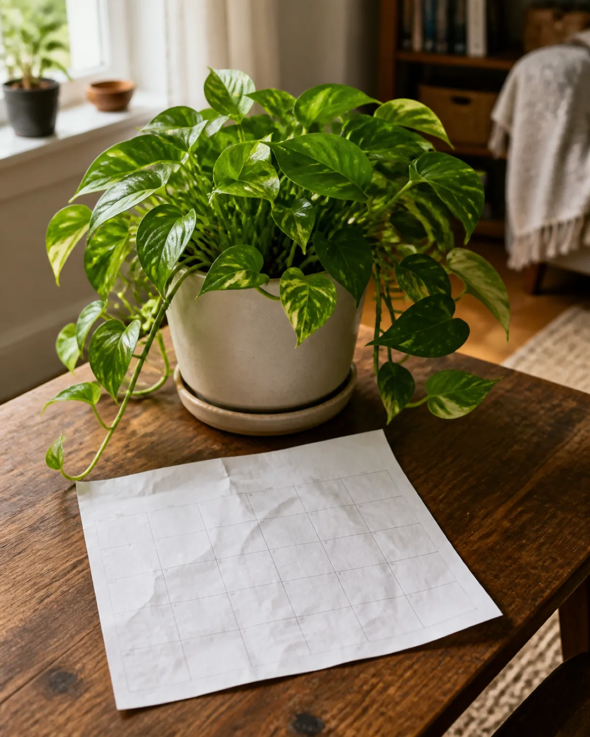 A loosely crumpled blank calendar page set aside on a table next to a healthy, lush real houseplant in a bright real-home room, soft natural daylight from a nearby window