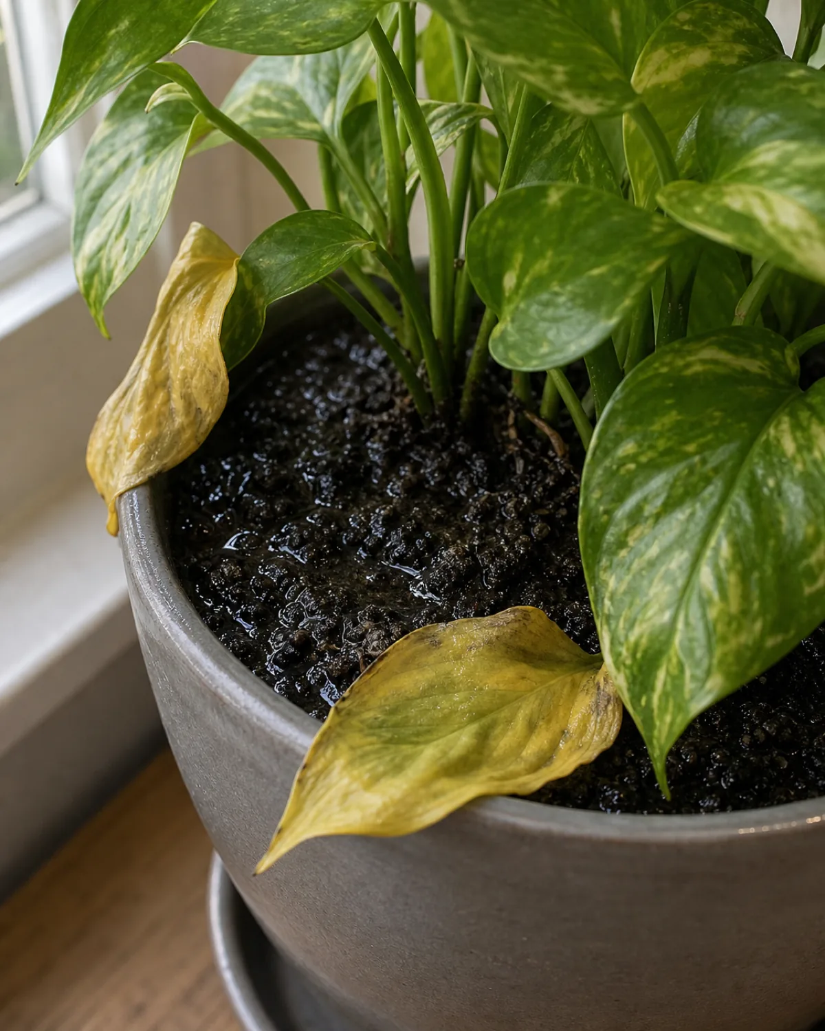A closeup of a real houseplant with one or two lower leaves turned yellow and visibly soft, sitting above dark, clearly saturated wet soil with a slight sheen of standing moisture at the surface, soft natural daylight