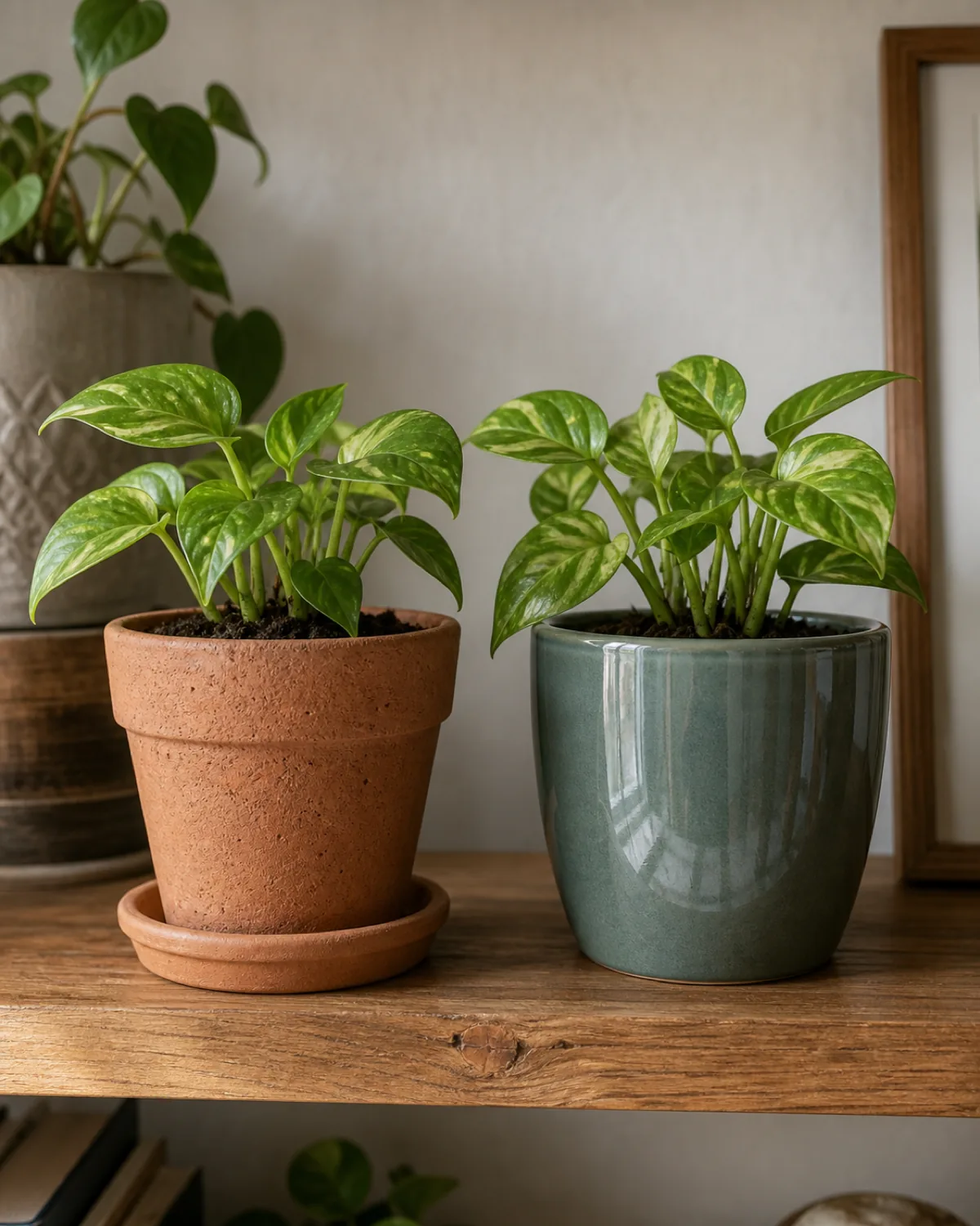 A side-by-side comparison on a wood shelf of an unglazed, visibly porous terracotta pot holding a small houseplant next to a glazed, glossy ceramic pot holding a similar houseplant, soft natural daylight highlighting the different pot surface textures