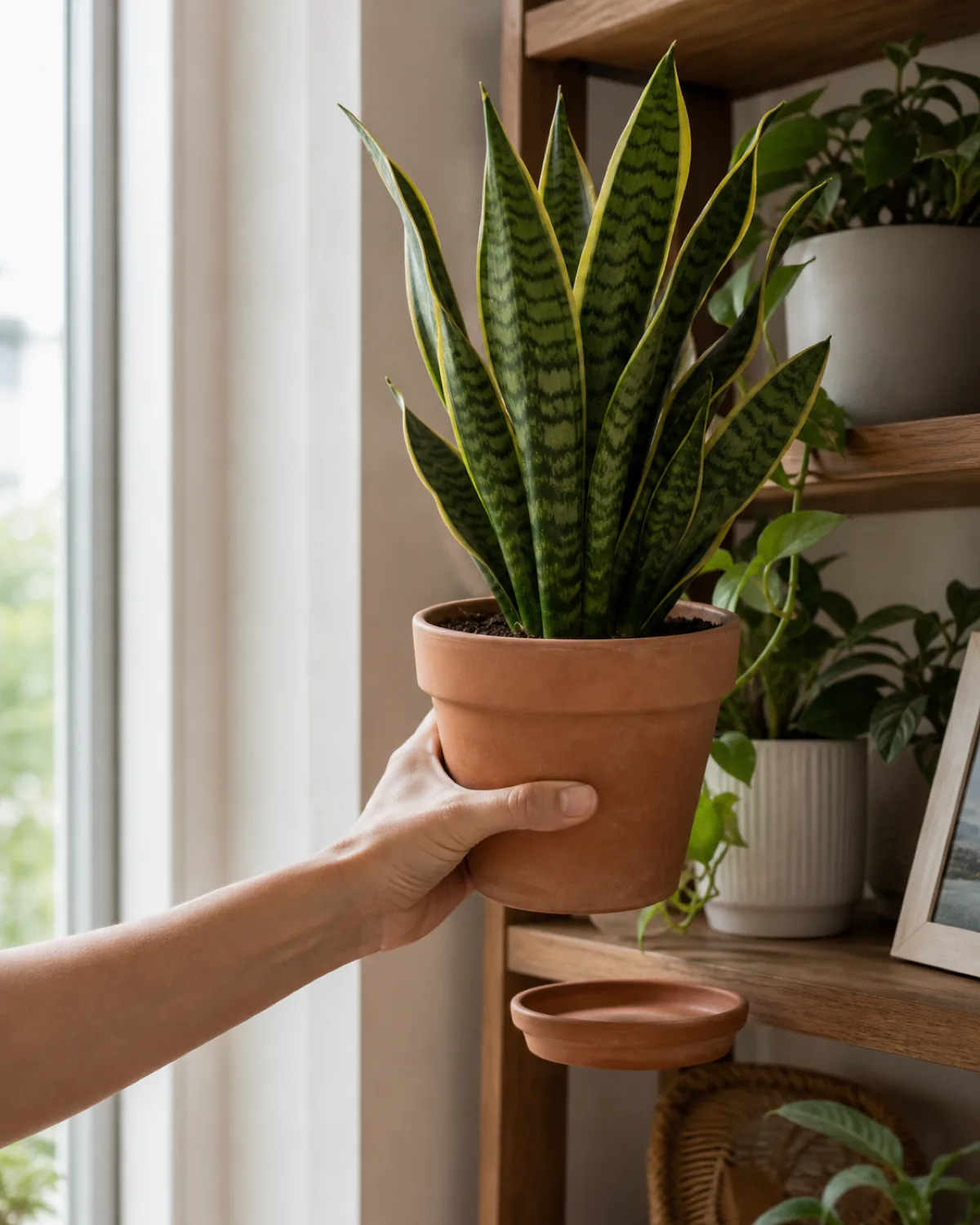 A hand lifting a terracotta pot holding a snake plant slightly off a wood shelf, gauging its weight, soft natural daylight from a side window
