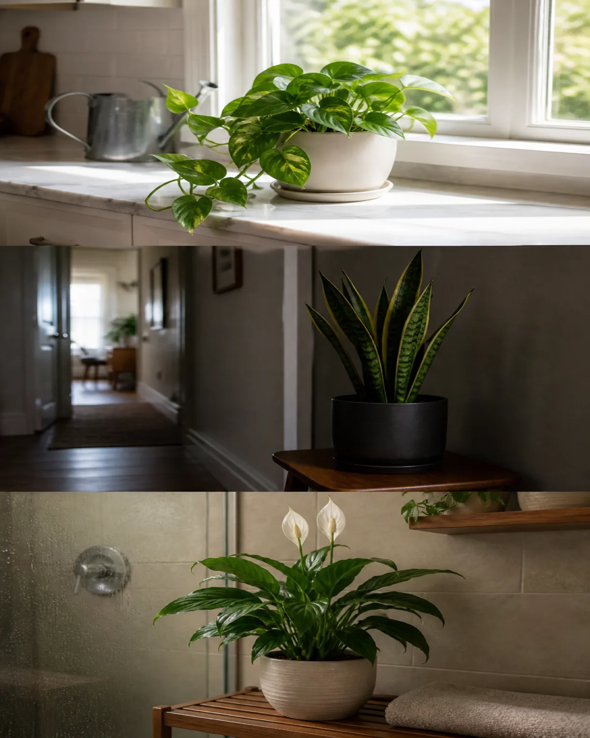 Vertical portrait triptych-style single image: a healthy houseplant on a bright sunlit kitchen windowsill at top, a similar houseplant in a dim shaded hallway nook in the middle, and a similar houseplant on a humid bathroom shelf near a tiled wall at the bottom