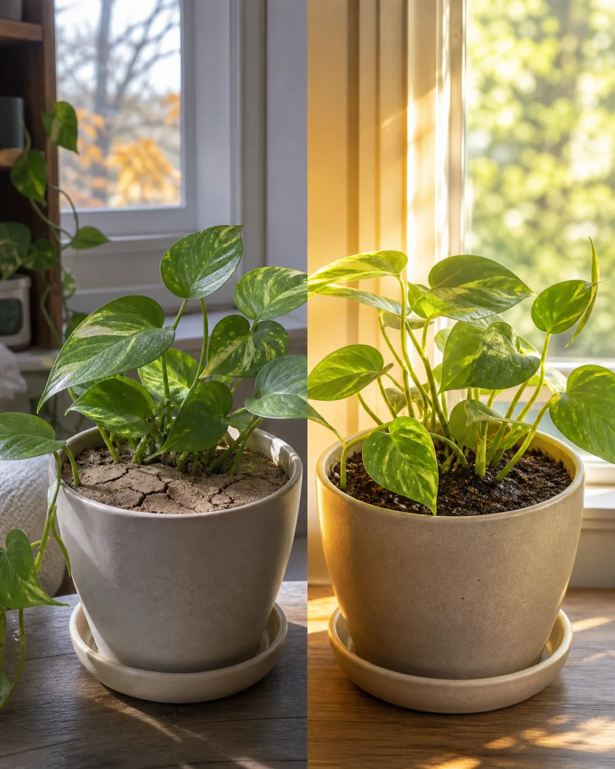 Vertical portrait, split composition: one side shows a pot of visibly dry, slightly cracked pale soil under cool autumn-toned window light, the other side shows a pot of darker, visibly moist soil under warm summer-toned window light, same houseplant type in both pots