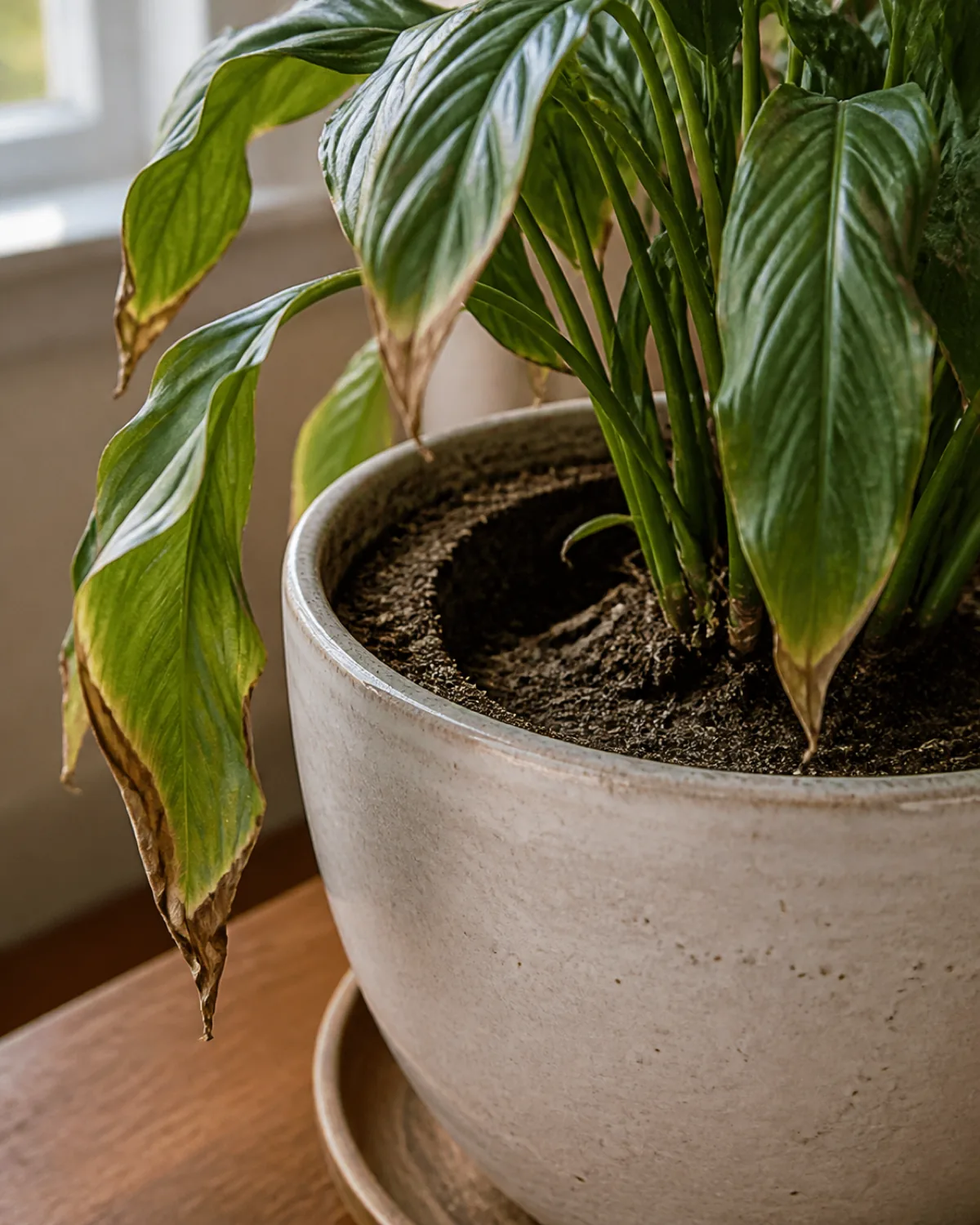 A closeup of a real houseplant with visibly limp, drooping leaves and crisp brown edges, the dry soil clearly pulled away from the inner rim of its pot leaving a visible gap, soft natural daylight