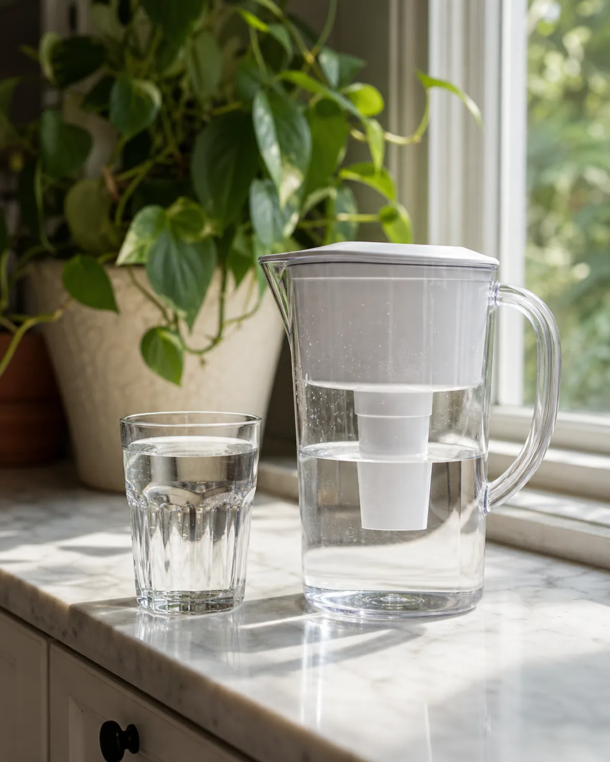 A plain drinking glass of clear tap water sitting beside a glass filtered-water pitcher on a bright windowsill, a healthy houseplant softly out of focus in the background, soft natural daylight