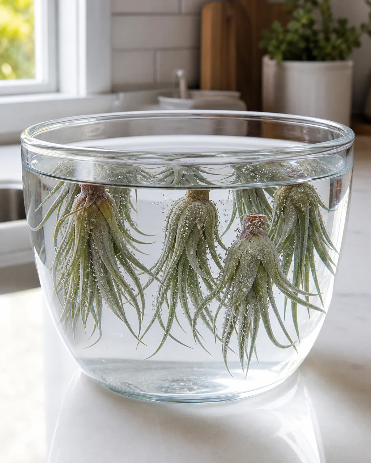 Several air plants fully submerged upside down in a large clear glass bowl of water during their weekly soak on a clean kitchen counter with tiny air bubbles clinging to the silvery trichome-covered leaves in bright natural light from a nearby window