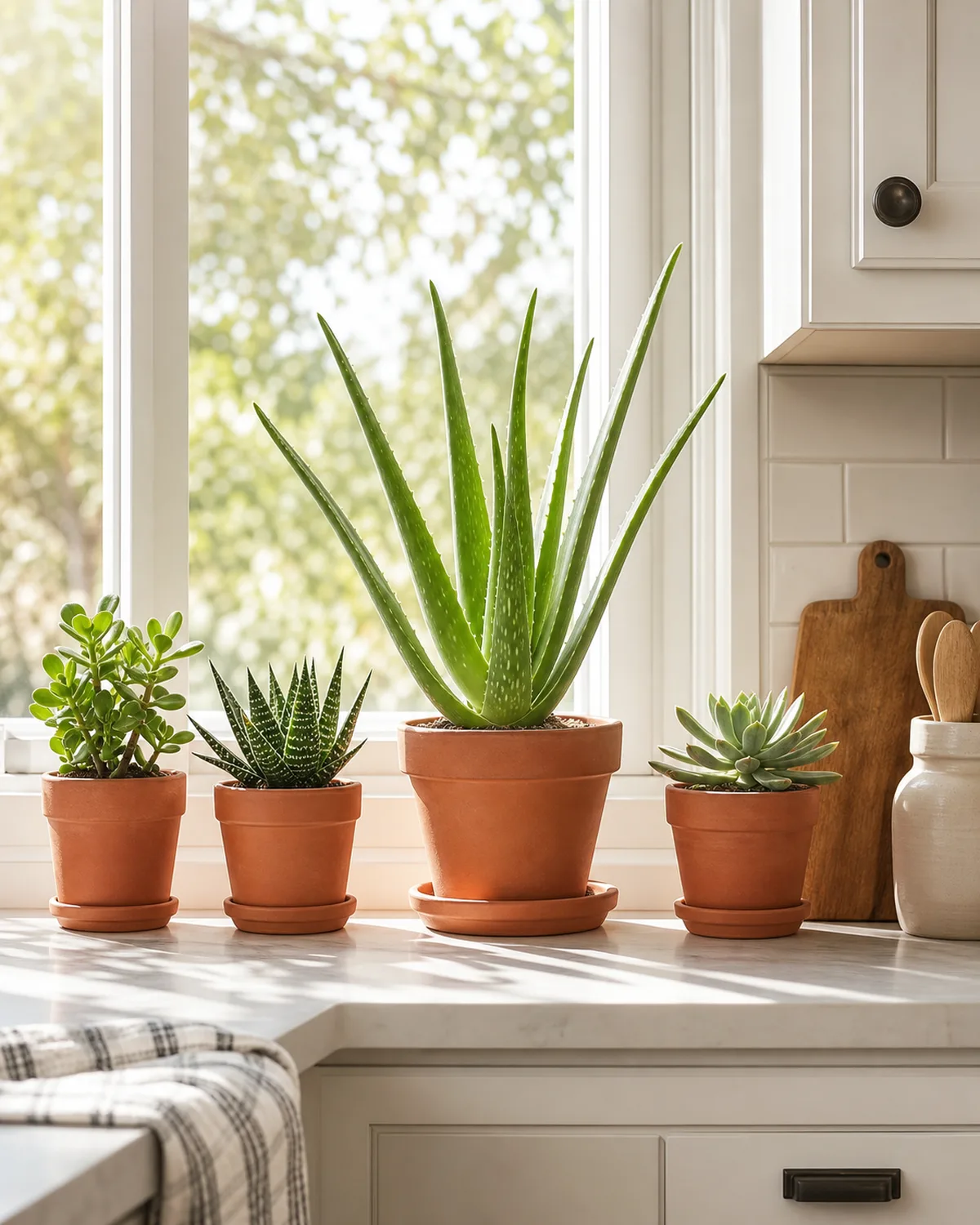 A styled kitchen windowsill arrangement with a medium aloe vera plant in the center flanked by other small succulents in matching terracotta pots on a bright sunny windowsill