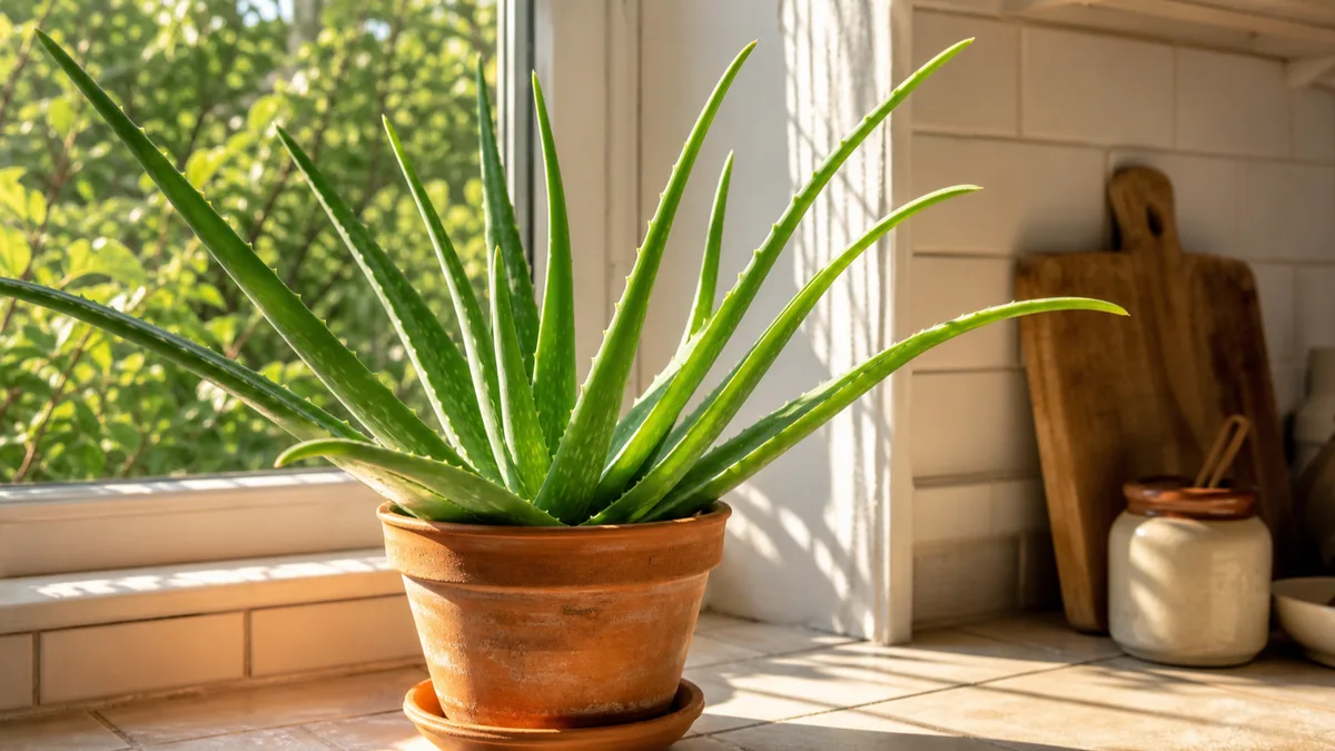 A healthy mature aloe vera plant with thick green gel-filled leaves in a terracotta pot on a bright kitchen windowsill with direct morning sunlight