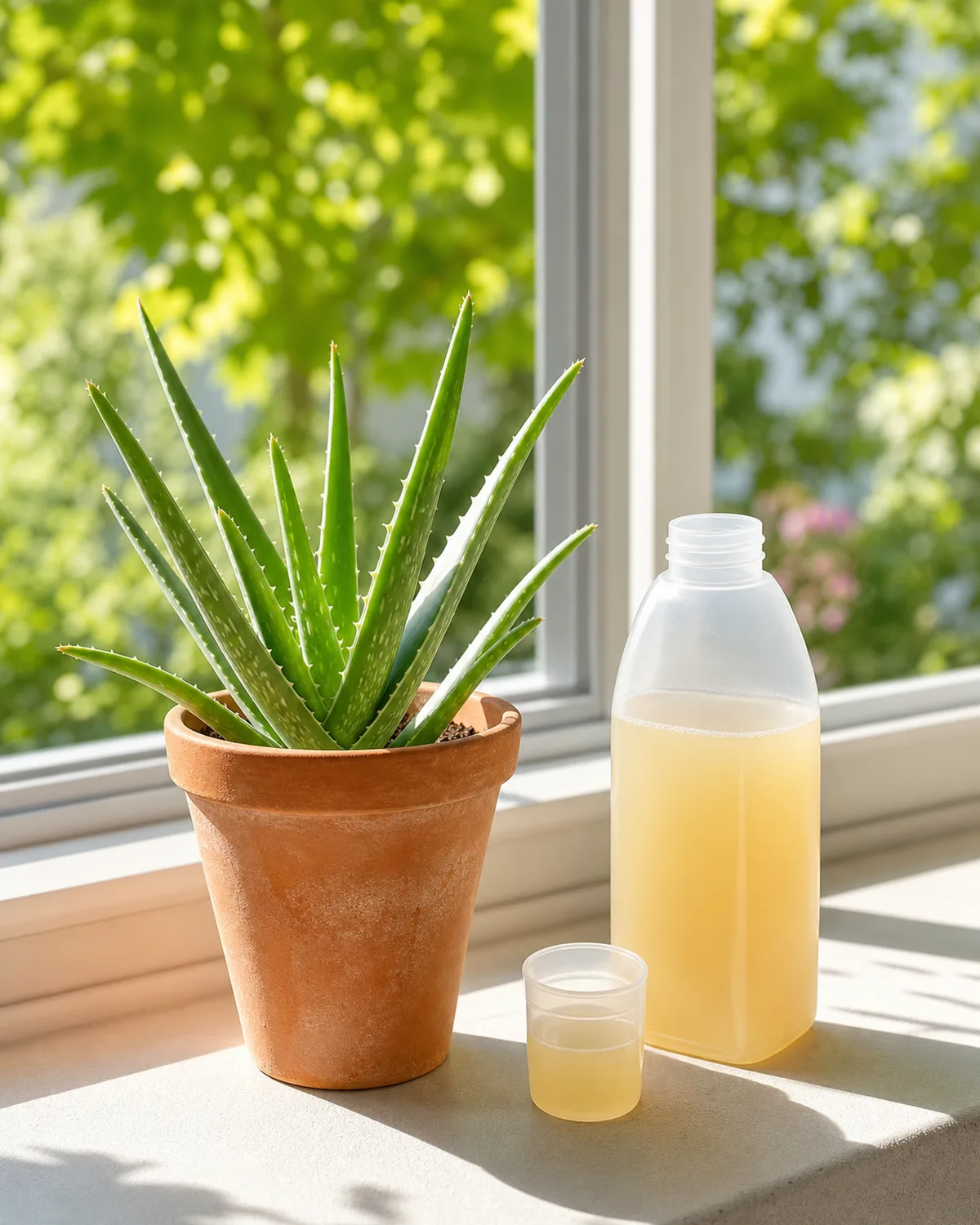 A small aloe vera plant in a terracotta pot next to a bottle of diluted liquid succulent fertilizer on a bright windowsill during summer