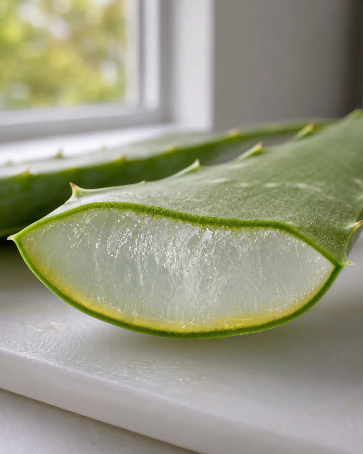 Close-up cross-section of a freshly cut aloe vera leaf showing the clear inner gel layer and the yellowish aloin layer beneath the green outer rind