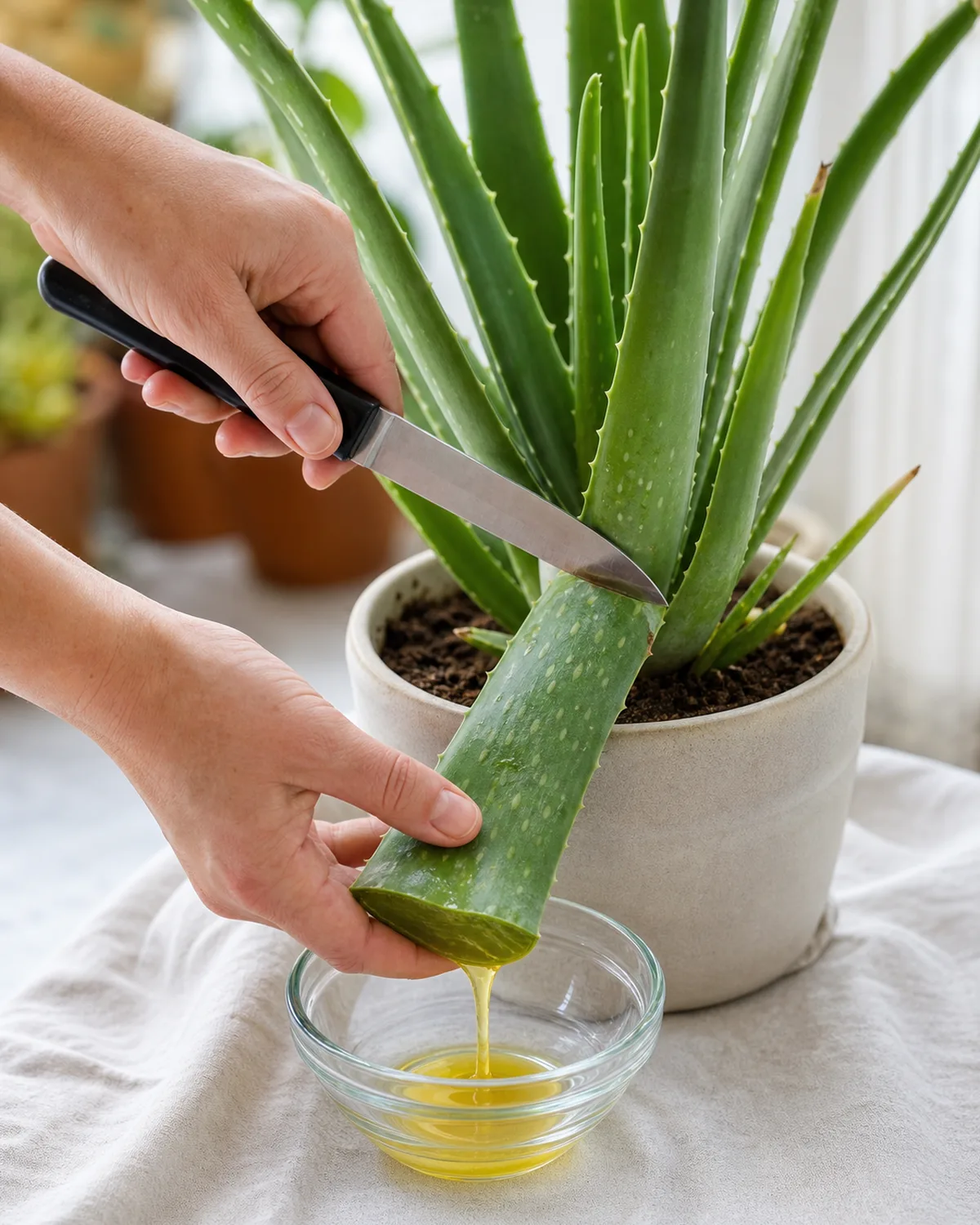 Hands carefully slicing an outer aloe vera leaf at the base and tilting it cut-side down into a small bowl to drain the yellow aloin liquid