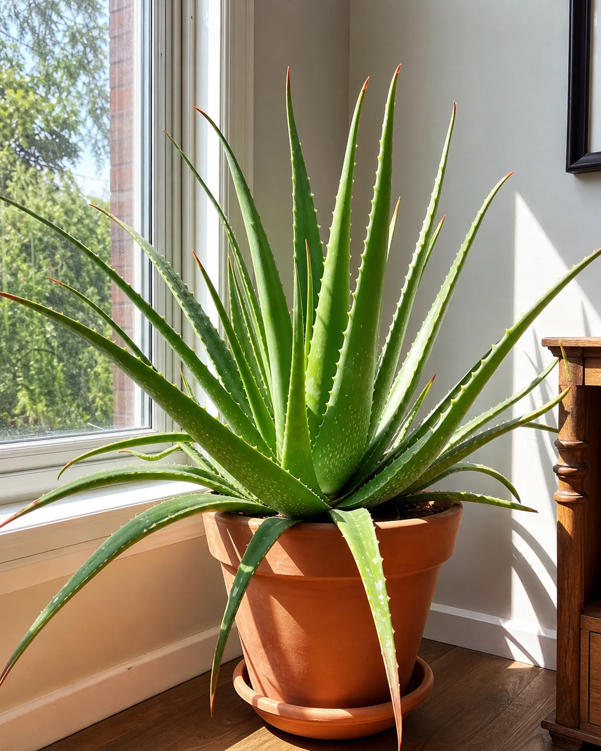 A large mature aloe vera plant in a terracotta pot positioned next to a bright south-facing window with direct sunlight streaming across the thick green leaves