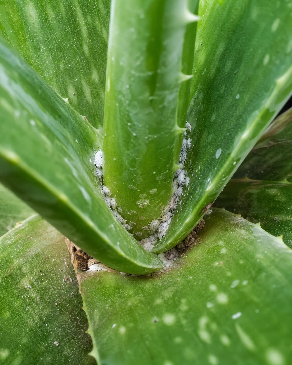 Close-up of white cottony mealybugs nestled deep in the center rosette of an aloe vera plant between the leaf bases